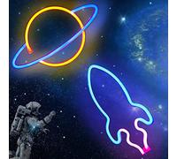 MULEVIP 2pc Enseignes Au Néon,Batterie Lampe Neon Light Lumière Led Veilleuse,Planet USB Lumineuses Murale Suspendus Lights,Art Décor pour Maison,Chambre des Enfants,Bar, Fête