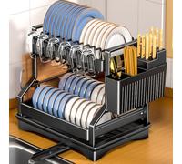 MULEVIP Égouttoir à Vaisselle Noir à 2 Niveaux avec Plateau d'égouttement et Vidange Automatique