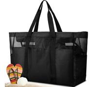 MULEVIP Grand Sac de Plage XXL Extra Large Famille, Cabas Femme avec Poignée et Poche Intérieure pour Plage, Piscine, Gymnase, Voyage - Rayure Noir