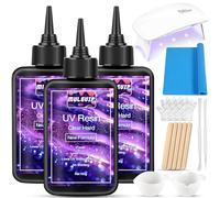 MULEVIP Kit Résine UV 300g Avec Lampe - Pour Bijoux, Transparente, Rapide Durcie - Pour Débutants Fabrication Avec Lampe UV, Tapis en Silicone, Verre Doseur