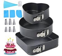 MULEVIP Moule à Charnière,3 Pièces 22/24/26cm Moule à Gâteau Noir en Acier au Carbone,avec Comprend 11 Accessoires de Pâtisserie,Anti-adhésif Leakproof Réglable Moule à Gàteau Coeur Rond Carré