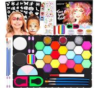 MULEVIP Palette Maquillage Enfant 27 Couleurs Peinture Visage Enfant,Maquillage Enfant Kermesse,Peinture Corporelle Maquillage Enfant Carnaval avec Pinceaux,Strass,pour Halloween,Carnaval,Noël