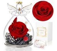 MULEVIP Rose Eternelle,Rose Eternelle sous Ange Gardien,Rose Eternelle sous Cloche,Ange Figurine en Verre avec Fleur Eternelle,Cadeau Anniversaire Femme,Cadeau Fête des Mères,Rose Rouge Décoration