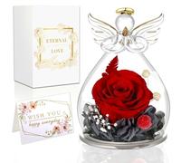 MULEVIP Rose éternelle, roses éternelles en verre, figurines d'ange en verre, roses préservées, fleurs éternelles avec figurine d'ange, cadeaux d'anniversaire, cadeaux de fête des mères, cadeaux