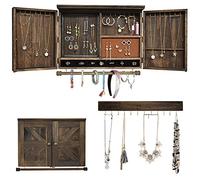 MULIFEE Boîte à bijoux murale rustique en bois à suspendre avec décoration de porte de grange pour colliers, boucles d'oreilles, bracelets, bagues, accessoires. Comprend un crochet de rangement
