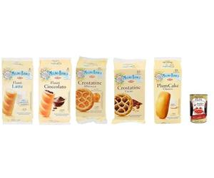Mulino Bianco Snacks Test Pack Emballé Snacks Crostatina Cocoa et abricot - Flauti Chocolate and Milk Plum Cake avec du yaourt 5 pièces + Italian Gourmet polpa 400g