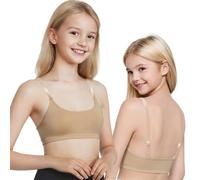 Mulnall Soutien-gorge de danse à bretelles transparentes pour filles, non rembourré avec 2 paires de bretelles réglables, 1 paire de coussinets en silicone, beige, 12-14 ans