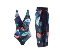 (Multi-color,Multicolor)Size XL Women One Piece Swimsuit with Cover-Up Wrap Skirt Tummy Control Chiffon Skirt Swimwear - Mul