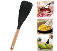 Multi-function Spatula Spoon, 2025 New 2-in-1 Multi-function Spatula Spoon, Long Head Silicone Salad Spatula Spoon with Wood Handle, for Mixing and Scrape, for Cooking and Serving (Black)