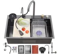Multi-Functional 13 pièces Stainless Steel Kitchen Sink Set with Digital Display Pull-out Faucet Single Bowl Workstation & Cup Washer Control Knobs - Modern Black & Grey (75 x 45 cm)