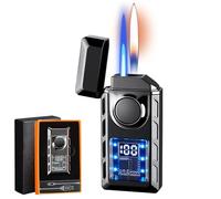 Multi-Functional Dual Flame Lighter with Colored Lights, Briquet à Double Flamme avec lumières colorées, Briquet Jet Flamme Intelligent avec Flamme réglable & Rechargeable Cadeau pour Homme (Noir)