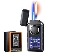 Multi-Functional Dual Flame Lighter with Colored Lights, Briquet à Double Flamme avec lumières colorées, Briquet Jet Flamme Intelligent avec Flamme réglable & Rechargeable Cadeau pour Homme (Noir02)