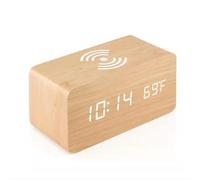 Multi Functional LED Student Electronic Alarm Clock Desktop Digital Clock Wireless Charging Wooden Clock(A)
