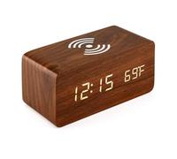 Multi Functional LED Student Electronic Alarm Clock Desktop Digital Clock Wireless Charging Wooden Clock(B)