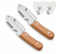 Multi-Functional Vegetable Peeler, 5-in-1 Stainless Steel Fruit & Veggie Peeler with Wooden Handle, Pointed Tip, Julienne Cutter, Bottle Opener, Peeling and Hanging Hole, Kitchen Tool. (2Pcs)