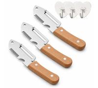 Multi-Functional Vegetable Peeler, 5-in-1 Stainless Steel Fruit & Veggie Peeler with Wooden Handle, Pointed Tip, Julienne Cutter, Bottle Opener, Peeling and Hanging Hole, Kitchen Tool. (3Pcs)
