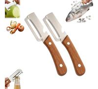 Multi-Functional Vegetable Peeler for Kitchen, Éplucheur Légumes Fruits 3 En 1, Écailleur Poisson, Ouvre-Bouteille, Inox, Manche Bois (2PCS)