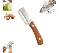 Multi-Functional Vegetable Peeler for Kitchen, Éplucheur Légumes Fruits 3 En 1, Écailleur Poisson, Ouvre-Bouteille, Inox, Manche Bois (1PC)