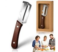 Multi Functional Vegetable Peeler, Stainless Steel Peeler (Sbucciare + Tagliare a Julienne + Lid Opener) with Ergonomic Non-slip Wooden Handle for Tough Skins Potato, Carrot, Pumpkin (3 In 1 Dark)
