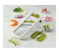 Joseph Joseph Multi-Grip Mandoline de Cuisine, Coupe Légumes et fruits Multifonction avec 3 Épaisseur de Tranche et 2 de Julienne Réglable, avec Pince alimentaire de précision, Blanc