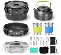 Multi-PCS Kit de Casseroles Camping, Cookware Kit en Alliage d'Alu, Légère, Durable et Compact avec Réchaud de Camping, Bouilloire