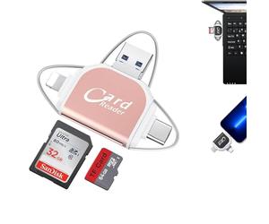 Multi-Port 4 in1 Universal SD TF Card Reader, USB C SD TF Memory Card Reader, 4 in 1 Card Reader, SD Card USB Adapter, Plug and Play, Multifunctional TF Memory Card Reader (Pink)