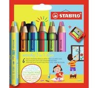 STABILO – Crayon de couleur Woody 3in1 Duo – Mine bicolore, étui carton 6 crayons + taille‑crayon