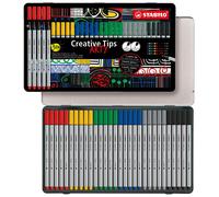 STABILO Creative Tips – Feutres calligraphie, boîte métal 30 stylos pointes 0,2/0,4/0,7/1mm + brush