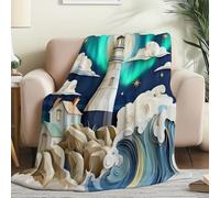 Multicolore Couverture Enfant en Flanelle Douce - Chaude Confortable et Douillette Motif Fantaisie Phare Nuages, Plaid Polaire Imprimé pour Garçons et Filles 200 x 220 cm