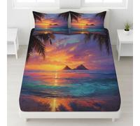 Multicolore Drap Housse, 180 x 200 x 30 cm,Polyester Microfibre Coins Élastiqués Feuille pour Matelas Épais jusqu'à 30 cm (12"), Fantastique Mer Île Coucher De Soleil Drap Housse