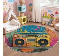 Multicolore Mur de Briques Enceintes Graffiti Tapis Rond 90 cm, Moderne Musique Lavable en Machine Antidérapant Tapis Doux Poil Ras Chambre Salle a Manger Bureau Salle de Divertissement