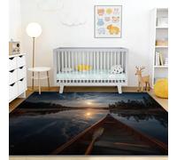 Multicolore Photographie Tapis Lavable Machine Salon, Lune Nuages Lac Forêt Antidérapant Poil Ras Tapis, pour Salle a Manger Bureau Cuisine, 60 x 110 cm