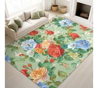 Multicolore Tapis Vintage Romantique Naturel Élégant Frais À Poils Courts Fleurs Roses - Tapis Doux Moelleux 120 x 160 cm, Antidérapant Salle de séjour Chambre Moquette, Ne Perd Pas Ses Poils