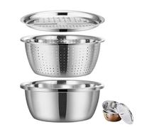 Multifunctional 3-in-1 Stainless Steel Basin Set with Grater, Strainer & Drain Basket, Colander Mixing Bowl for Washing, Rinsing Fruits Vegetables and Rice, Shredder for Salad Preparation