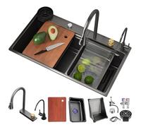 Multifunctional Nano Stainless Steel Kitchen Sink - Single Bowl Waterfall Design with Extensible Tap High-Pressure Cup Rinser Chopping Board & Drip Basket
