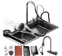 Multifunctional Nano Stainless Steel Kitchen Sink - Single Bowl Waterfall Design with Extensible Tap High Pressure Cup Rinser Chopping Board & Drip Basket for Ultimate Kitchen Efficiency