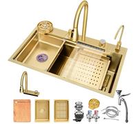 Multifunctional Nano Stainless Steel Kitchen Sink with Extensible Tap Single Bowl Waterfall Design High Pressure Cup Rinser Chopping Board & Drip Basket - Ideal for Modern Kitchens