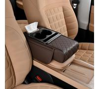 Multifunctional PU Leather Car armrest Box Mat,5-in-1Center Console Cover with Cup Holder,Tissue Box Slot,Phone Storage Side Bags,Waterproof Memory Foam Arm Rest Pad for Most Cars (Brown,Quilted)