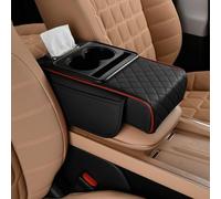 Multifunctional PU Leather Car Armrest Box Mat, Car Armrest Organizer with Cup Holder & Car Tissue Holder Universal Arm Rest Cover for Front Rear Seats Yacht Central Console (Blackish Red)