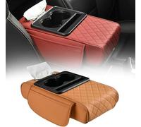 Multifunctional PU Leather Car Armrest Box Mat with Central, Car Armrest Storage Box, 5-in-1 Center Console Cover with 2 Storage Bags Cup Holder, Tissue Box Slot, Phone Slot for Sedans (Orange)