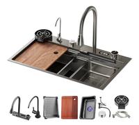 Multifunctional Stainless Steel Kitchen Sink 68 x 45 x 22 cm with Waterfall Faucet & Complete Accessories - Single Bowl Design for Modern Kitchens
