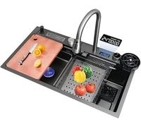 Multifunctional Stainless Steel Kitchen Sink with Waterfall Design Pull-out Faucet Chopping Board & Glass Washer - 75 × 46 × 21 cm Modern Kitchen Essential