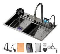 Multifunctional Stainless Steel Kitchen Sink with Waterfall Design & Temperature Display Single Bowl with Glass Washer & Accessories (S : 75 x 45 x 22 cm)