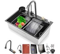 Multifunctional Stainless Steel Waterfall Kitchen Sink with Glass Rinser Siphon Drain Baskets Overflow & Drain Set - Modern Design for Ultimate Convenience