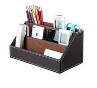 Multipot à Crayons Office Multifonctionnel Organisateur de Bureau en PU Cuir Structure en Bois avec 5 Compartiments Stockage de Papeterie/Téléphone Portable/Agrafeuse/Télécommande/Clés Bureau Maison