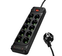 Multiprise 10 Prises avec USB*4+Type-C*2,Multiprise 4000w, Rallonge électrique 2m avec Interrupteur, Bloc Multiprise Parafoudre et Surtension avec Interrupteur, Multiprise Noire pour Maison Bureau