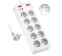 Multiprise 10 Prises Françaises, Bloc Multiprise Parafoudre et Surtension, Prise Multiple USB C avec Interrupteur de Surcharge, avec Terre 16A 2P+T, Rallonge Electrique Murale Câble 2 m, Blanc