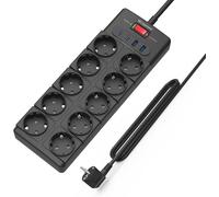 multiprise 10 Prises,USB multiprise(PD 20W 2 USB-C Ports et 2 USB-A Ports), multiprise avec Interrupteur,4000W/16A,1050 J, multiprise parafoudre et câble d'extension de 2 m, Noir