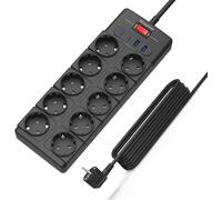 multiprise 10 Prises,USB multiprise(PD 20W 2 USB-C Ports et 2 USB-A Ports), multiprise avec Interrupteur,4000W/16A,1050 J, multiprise parafoudre et câble d'extension de 2 m, Noir