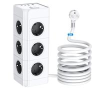 Multiprise 12 prises avec USB (2 USB-A + 2 USB-C), 230V/16A, 3680W, câble 2m - Tour multiprise verticale avec protection contre les surcharges et cache-enfants, bloc multiprise pour la maison, le bure